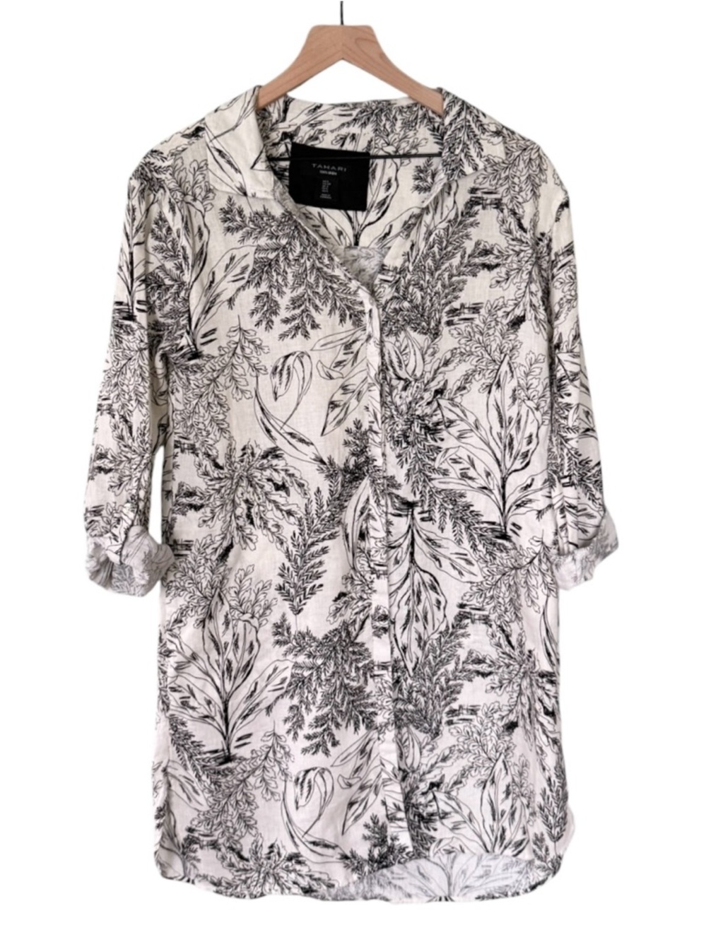 Tahari 100% Linen Leaf Floral Print Tunic Top Button Front Black White Small